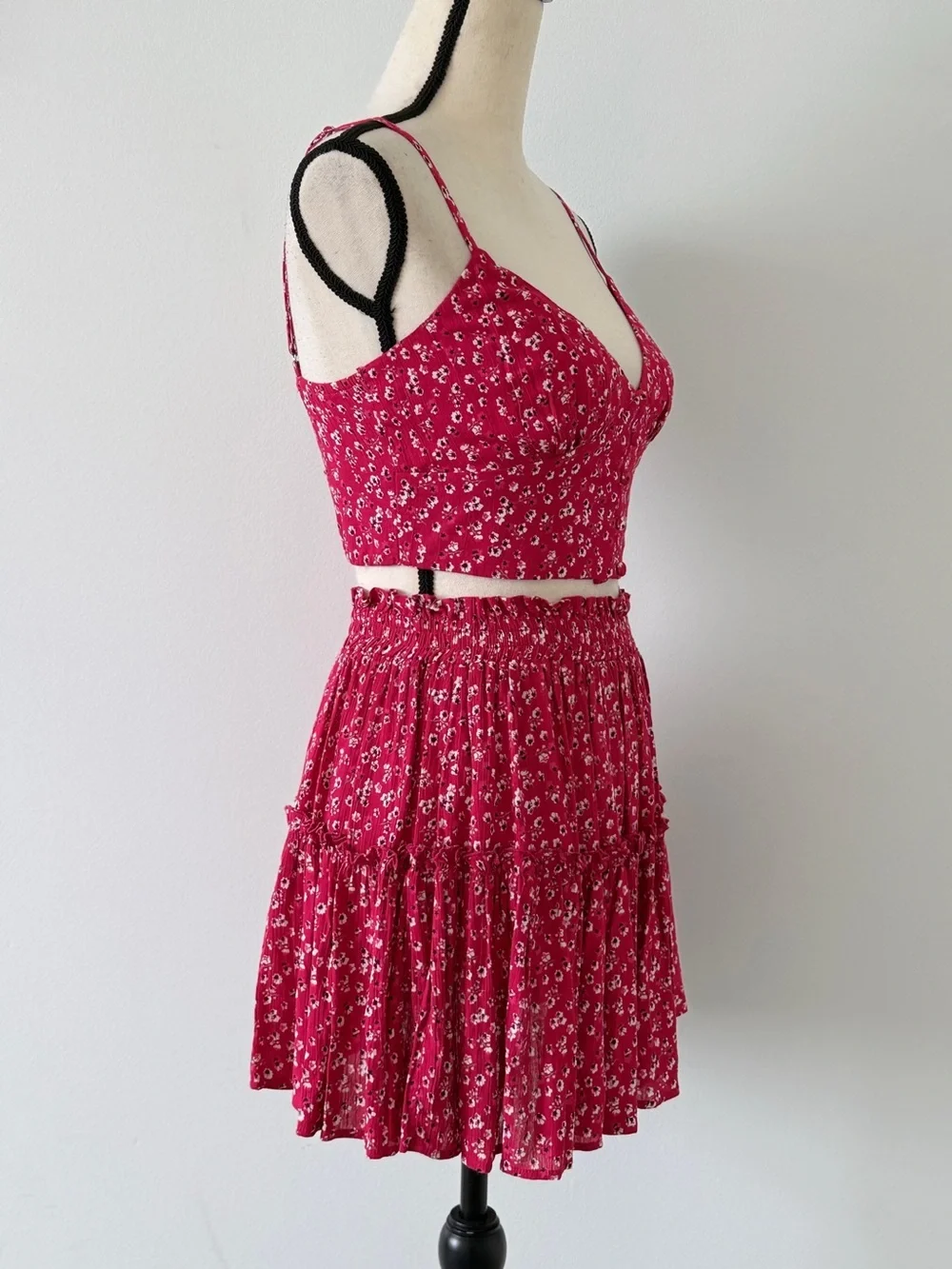 Princess Polly Shah Skirt Top Set Red Floral Crop Cami Tiered Mini Skirt US 2